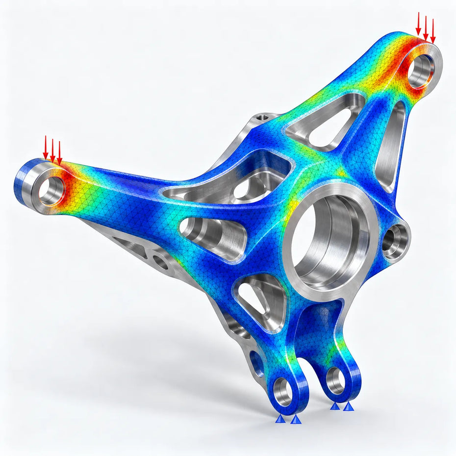 Finite element analysis (FEA) of a machined mechanical component, showing the simulation mesh and stress distribution under load.